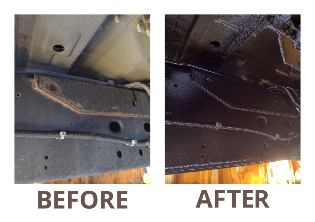 Two images of the under carriage of a car. The image on the left shows before frame spray and the image on the right shows after. Before is dirty and rusty; after is shiny and coated in a protective barrier.