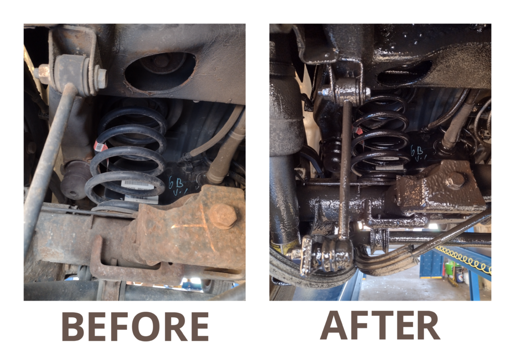 Two images of the under carriage of a car. The image on the left shows before frame spray and the image on the right shows after. Before is dirty and rusty; after is shiny and coated in a protective barrier.