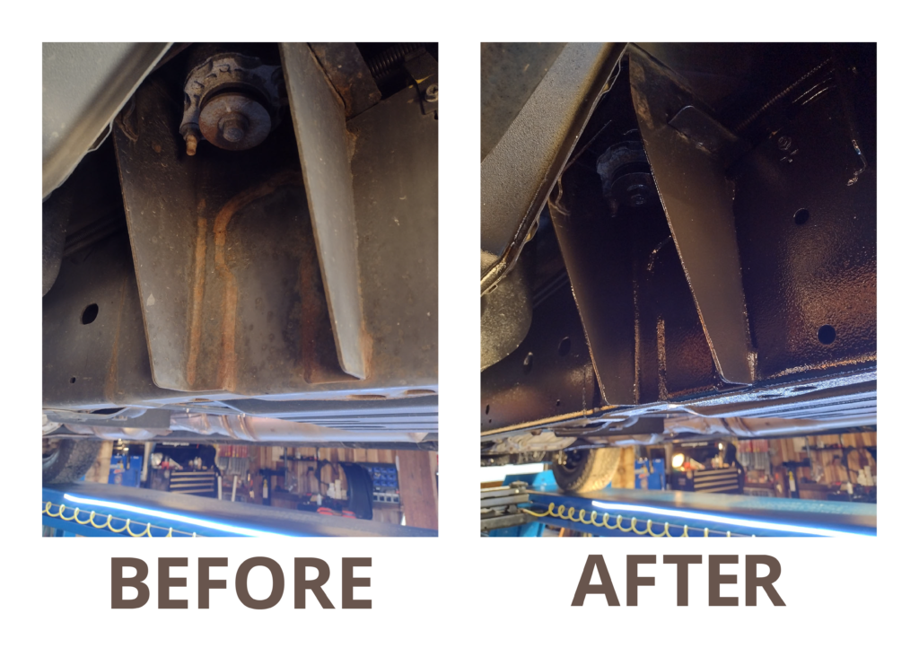 Two images of the under carriage of a car. The image on the left shows before frame spray and the image on the right shows after. Before is dirty and rusty; after is shiny and coated in a protective barrier.