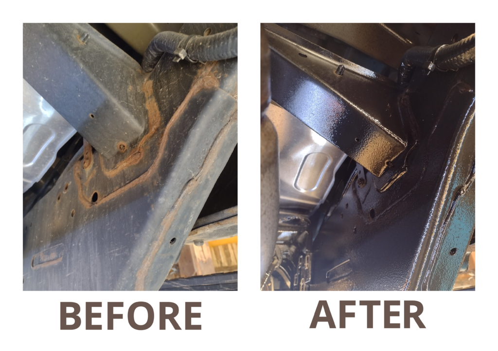 Two images of the under carriage of a car. The image on the left shows before frame spray and the image on the right shows after. Before is dirty and rusty; after is shiny and coated in a protective barrier.