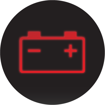 A glowing red battery light icon on a black background