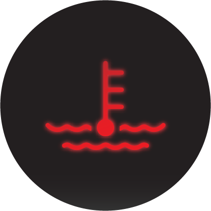 A glowing red engine temperature light icon on a black background