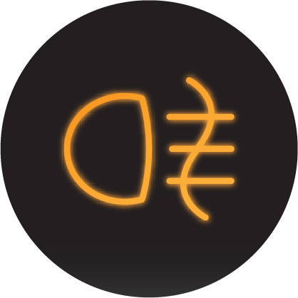 A glowing yellow fog light dashboard icon on a black background