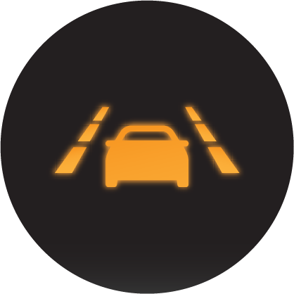 A glowing yellow lane departure dashboard light icon on a black background