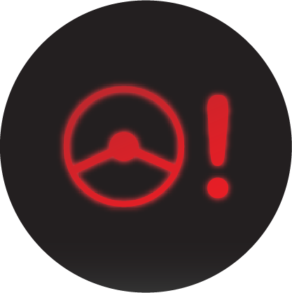 A glowing red power steering dashboard light icon on a black background