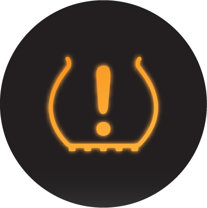 A glowing yellow tire pressure dashboard light icon on a black background