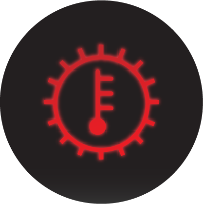 A glowing red transmission temperature light icon on a black background