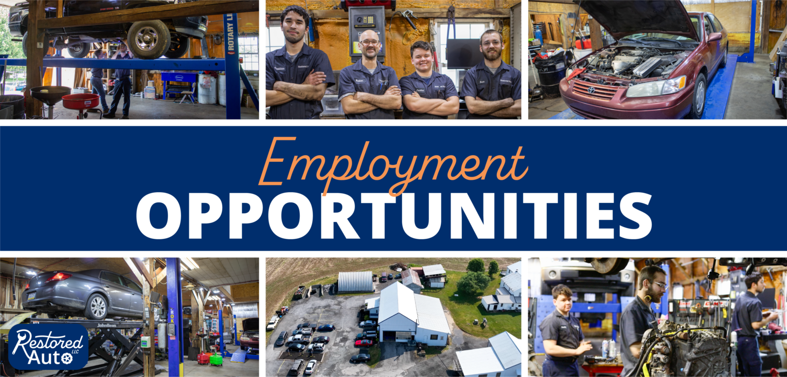 A compilation of images from around the shop and the words "Employment Opportunities" in the middle