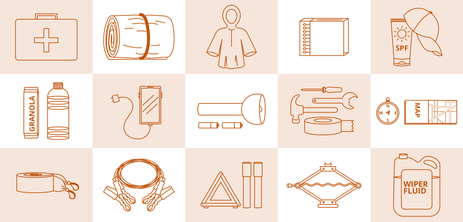 A series of icons showing summer emergency kit items