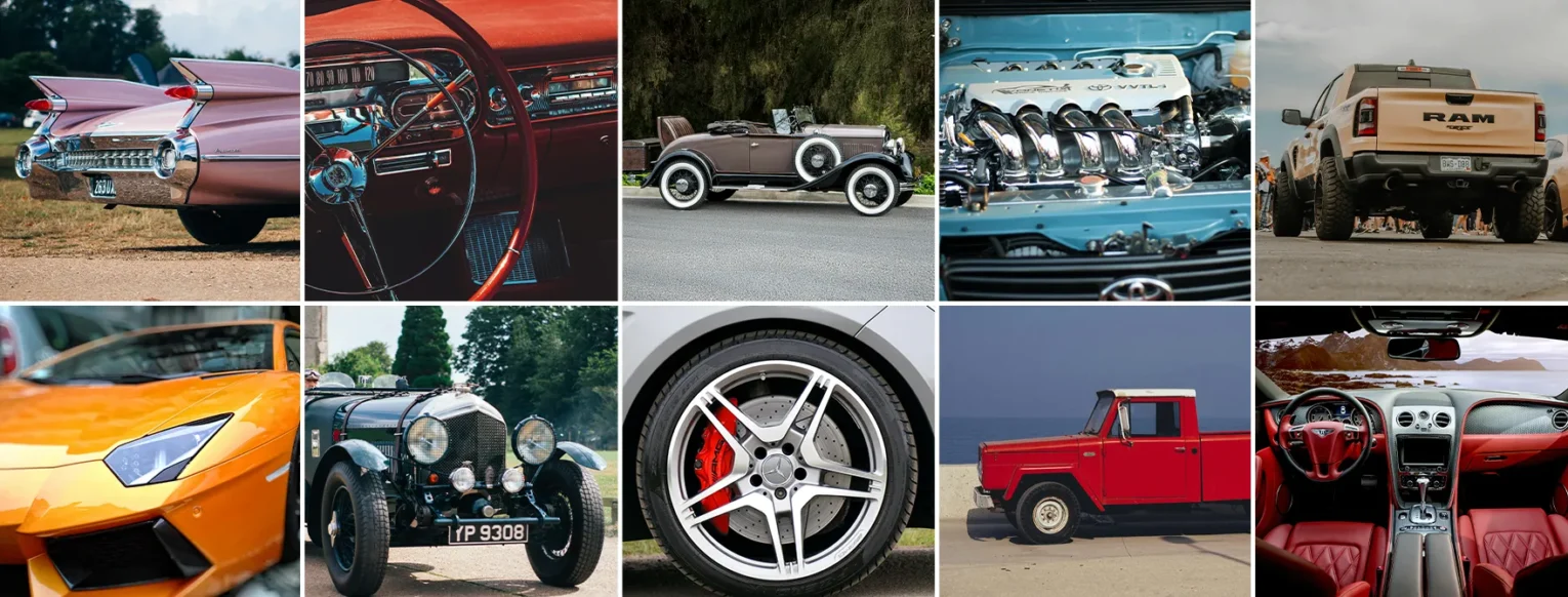 A collage of different cars and car parts that relate to the car trivia