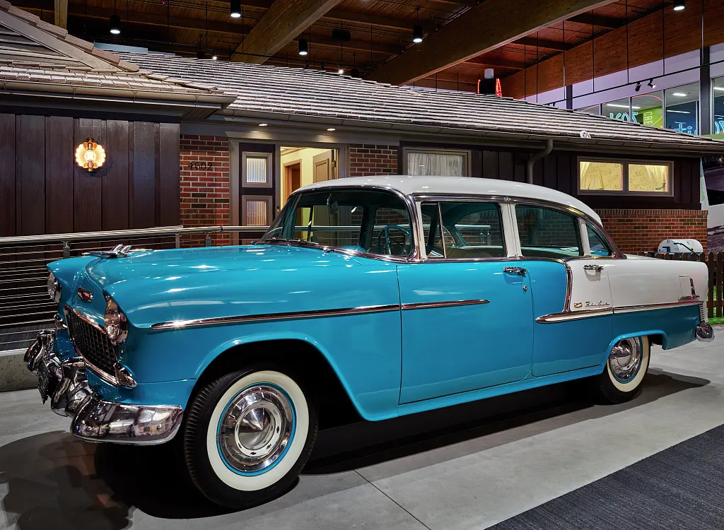 A blue 1950s-era Chevrolet Bel Air