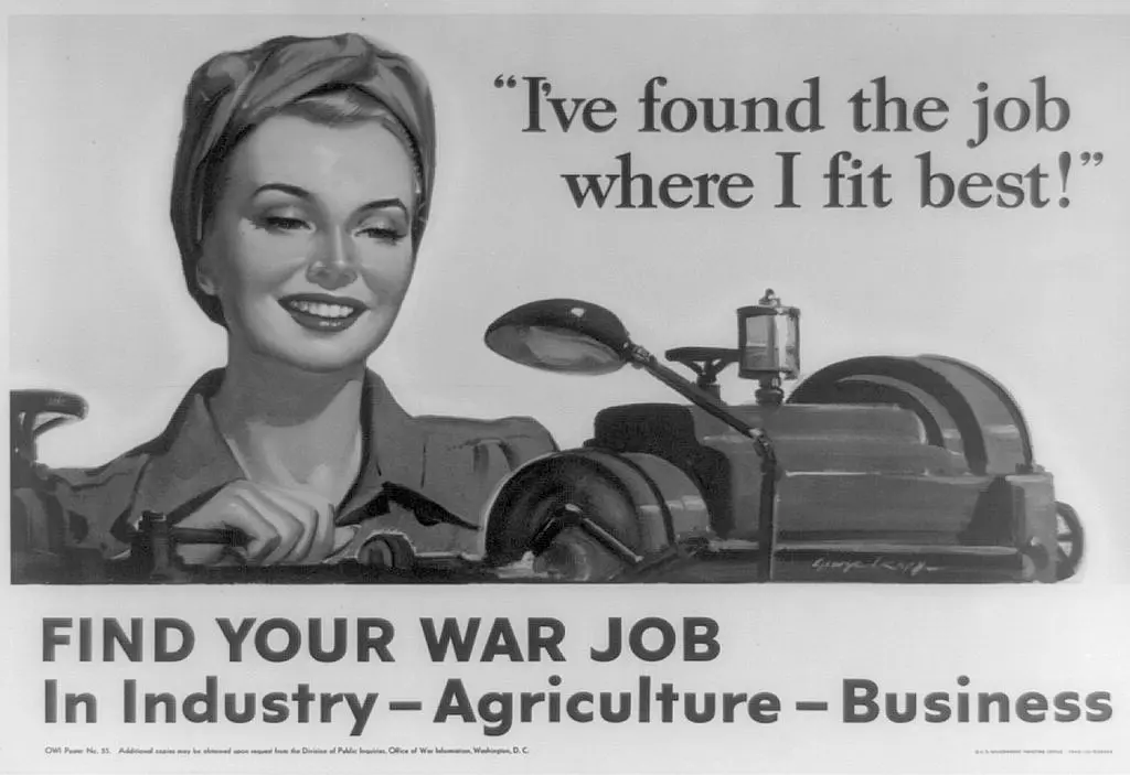 Black and white poster from WWII that features an illustration of a woman working on an engine. The text says, "I've found the job where I fit best! Find your war job in industry, agriculture, business"