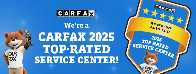 A blue banner with the CarFax fox that says, "We're a CarFax 2025 Top-Rated Service Center!"